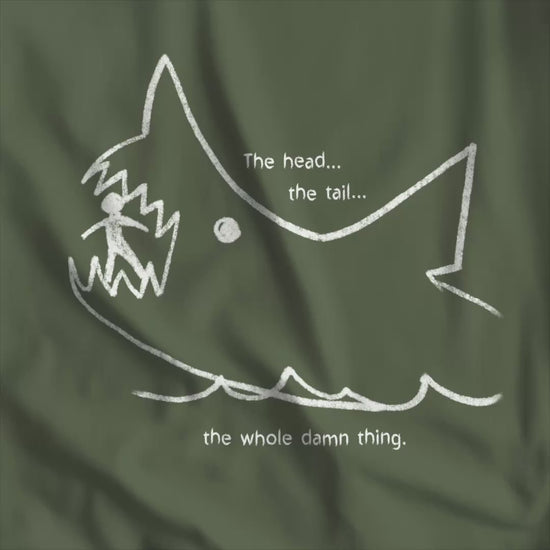 Video of Bella+Canvas t-shirt with the chalkboard drawing of a shark eating a person, drawn by Quint in the movie Jaws.