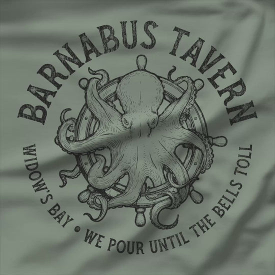 Video of tee with vintage engraved Barnabus Tavern octopus and ship's wheel Widow's Bay design