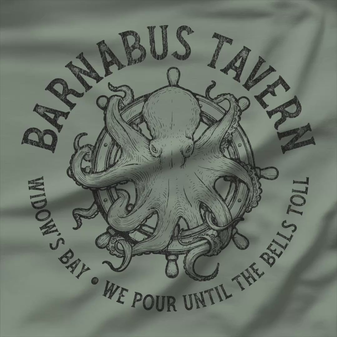 Video of tee with vintage engraved Barnabus Tavern octopus and ship's wheel Widow's Bay design