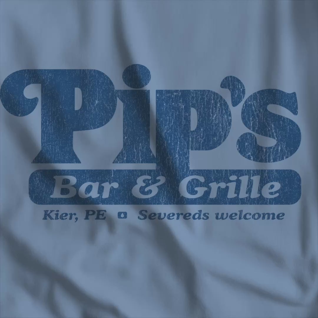 Video of Bella+Canvas t-shirt with the Pips Bar and Grill logo from the TV show Severance in a vintage distressed style.