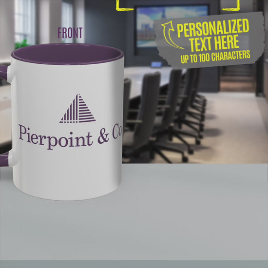 Video of white and purple mug with Pierpoint & Co. logo on one side and customizable text on the other, inspired by HBO's Industry.
