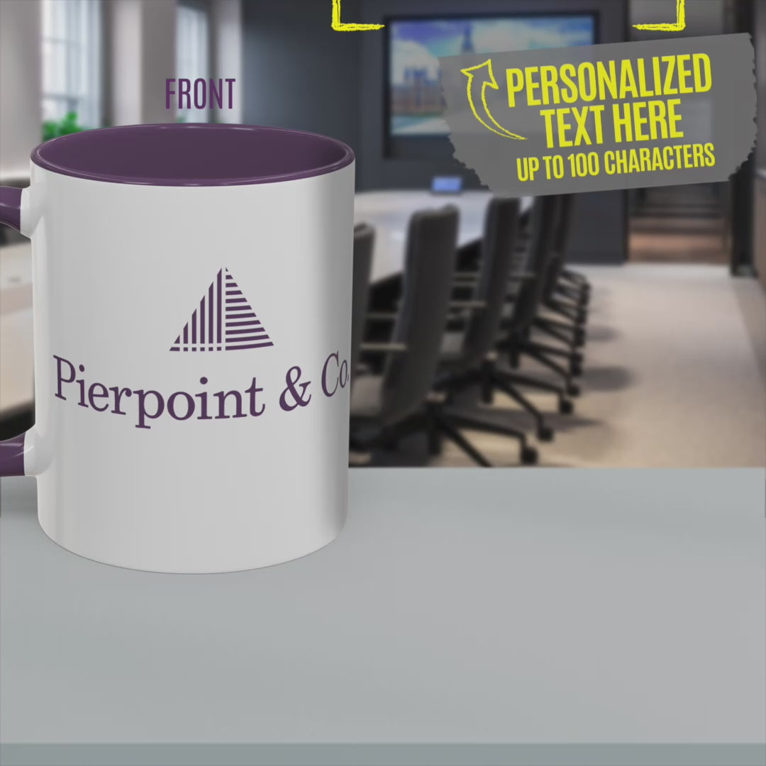 Video of white and purple mug with Pierpoint & Co. logo on one side and customizable text on the other, inspired by HBO's Industry.