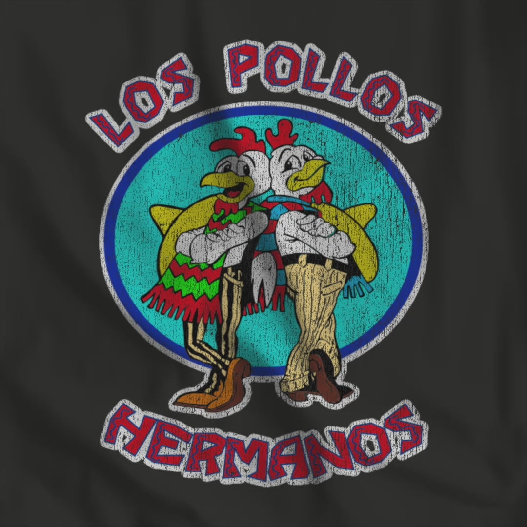 Video of black pullover hoodie with vintage distressed Los Pollos Hermanos logo from Breaking Bad on chest.