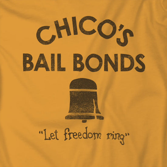 Video of gold t-shirt with distressed Chico’s Bail Bonds logo and “Let freedom ring” slogan from The Bad News Bears movie.