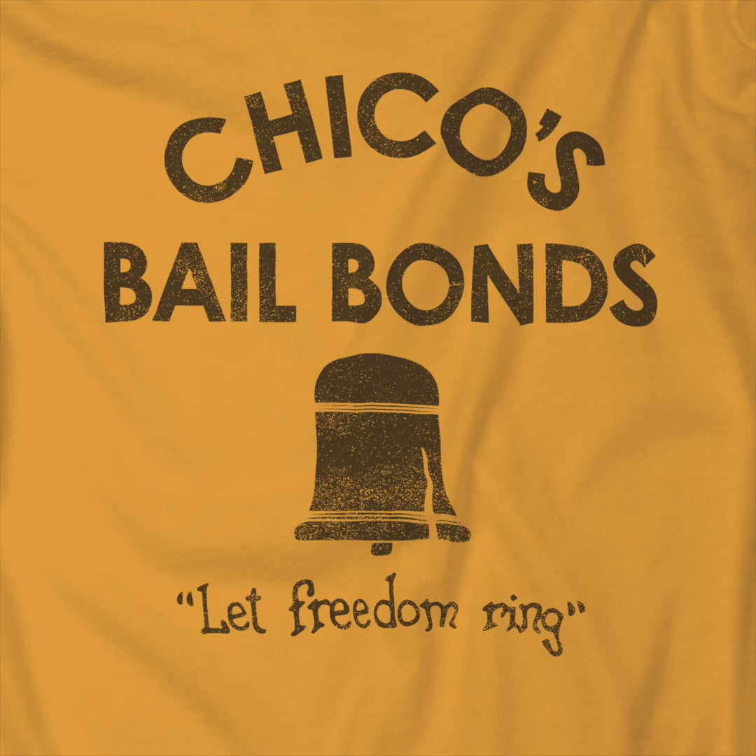 Video of gold t-shirt with distressed Chico’s Bail Bonds logo and “Let freedom ring” slogan from The Bad News Bears movie.