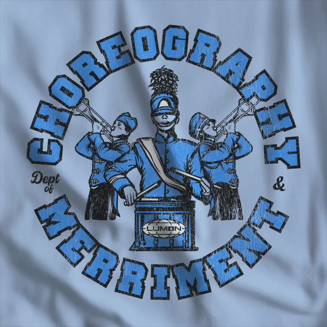 Video of tee with vintage distressed Lumon Dept of Choreography and Merriment marching band art