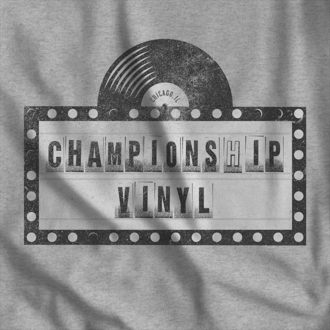 Video of Athletic Heather Grey t-shirt featuring the fictional logo CHAMPIONSHIP VINYL record store from movie High Fidelity in a vintage distressed style.