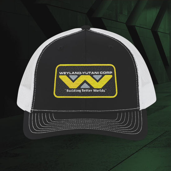 Video of Embroidered Richardson 112 Snapback Trucker Cap with logo of Weyland-Yutani from the Alien movie franchise.