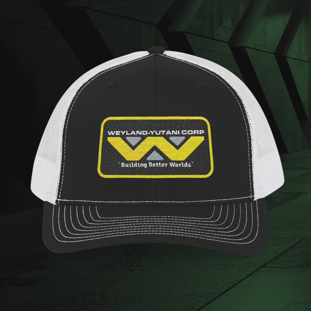 Video of Embroidered Richardson 112 Snapback Trucker Cap with logo of Weyland-Yutani from the Alien movie franchise.