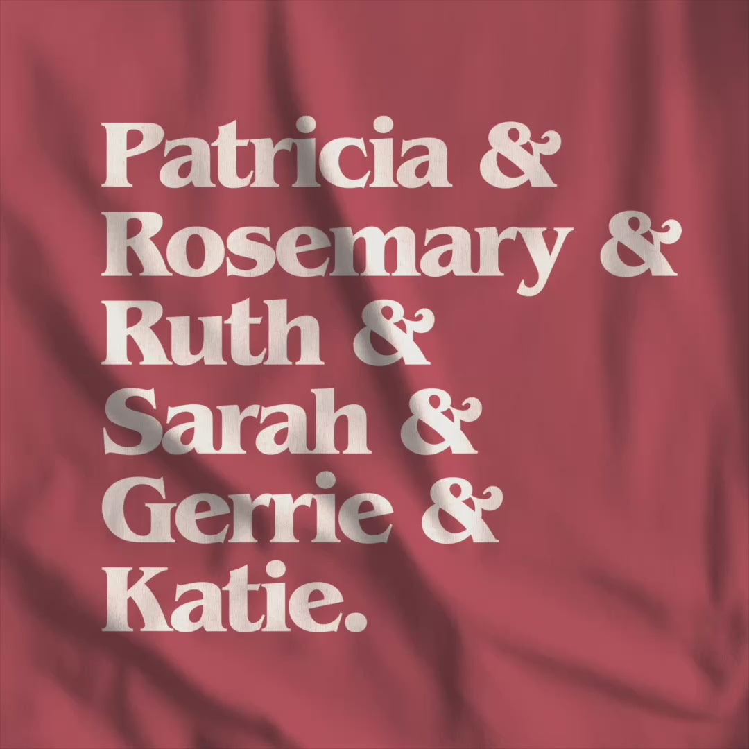 Video of garment-dyed Comfort Colors tank top with stacked Women of Widow's Bay show names in ampersand list including Patricia, Ruth, Rosemary