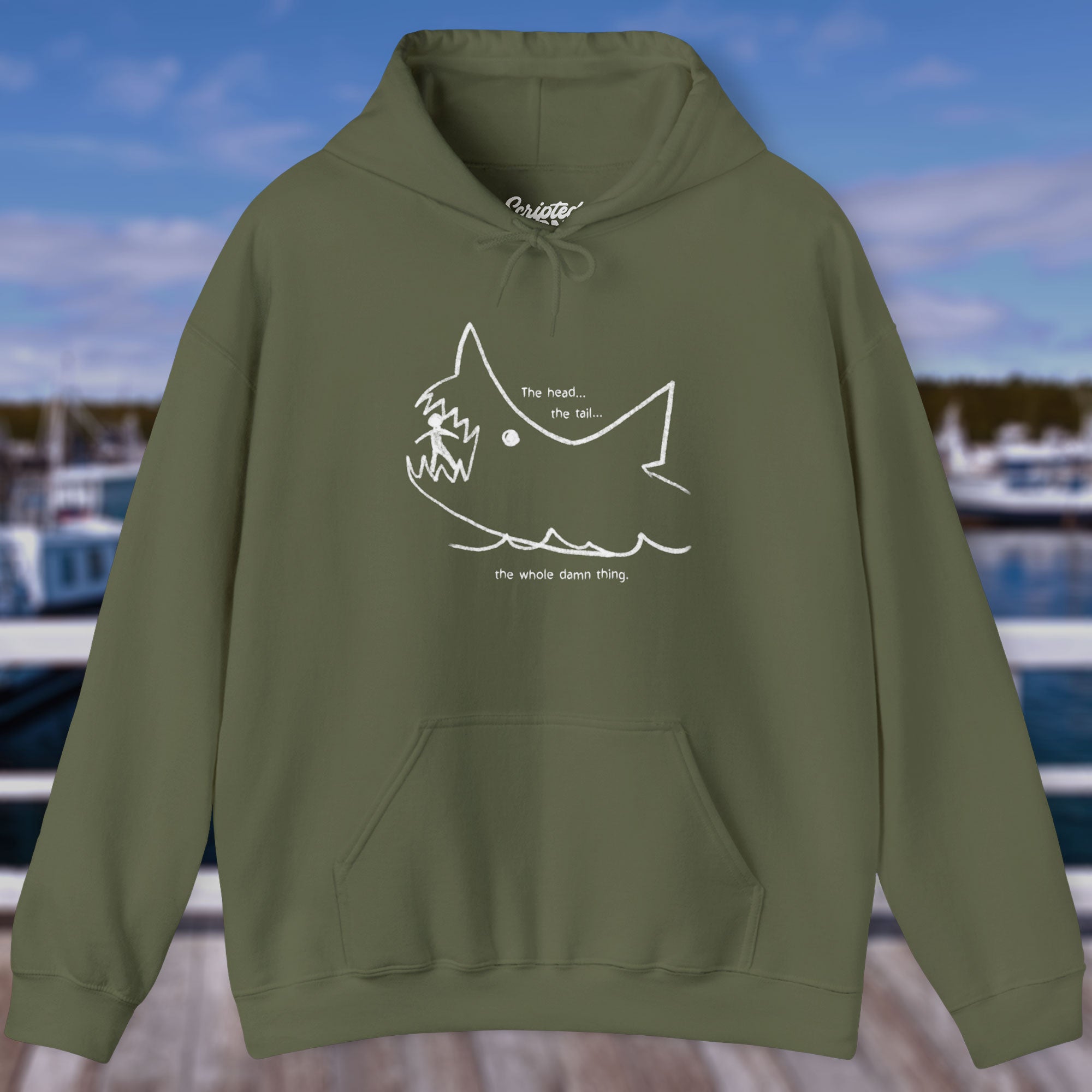 Video featuring Soft Unisex Hoodie Heavy Blend Hooded Sweatshirts with the chalkboard drawing of a shark eating a person, drawn by Quint in the movie Jaws.
