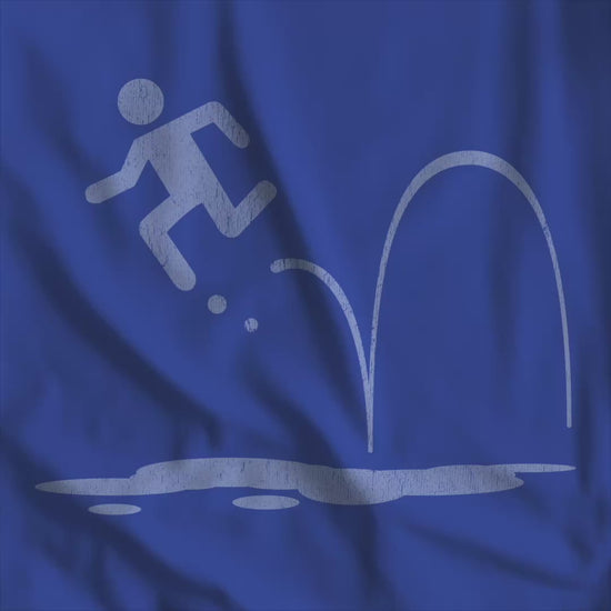 Video of royal blue tee with blue vintage distressed Portal 2 Repulsion Gel icon of a figure bouncing off gel