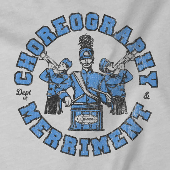 Video of  long-sleeve t-shirts featuring vintage Dept. of Choreography & Merriment logo inspired by Severance and Lumon Industries.
