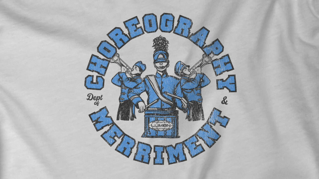 Video of  long-sleeve t-shirts featuring vintage Dept. of Choreography & Merriment logo inspired by Severance and Lumon Industries.