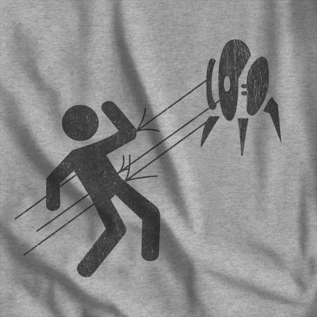 Video of Heather Gray Aperture Science Turret warning icon t-shirt on Bella+Canvas 3001, vintage distressed print, Portal and Portal 2 fan tee.