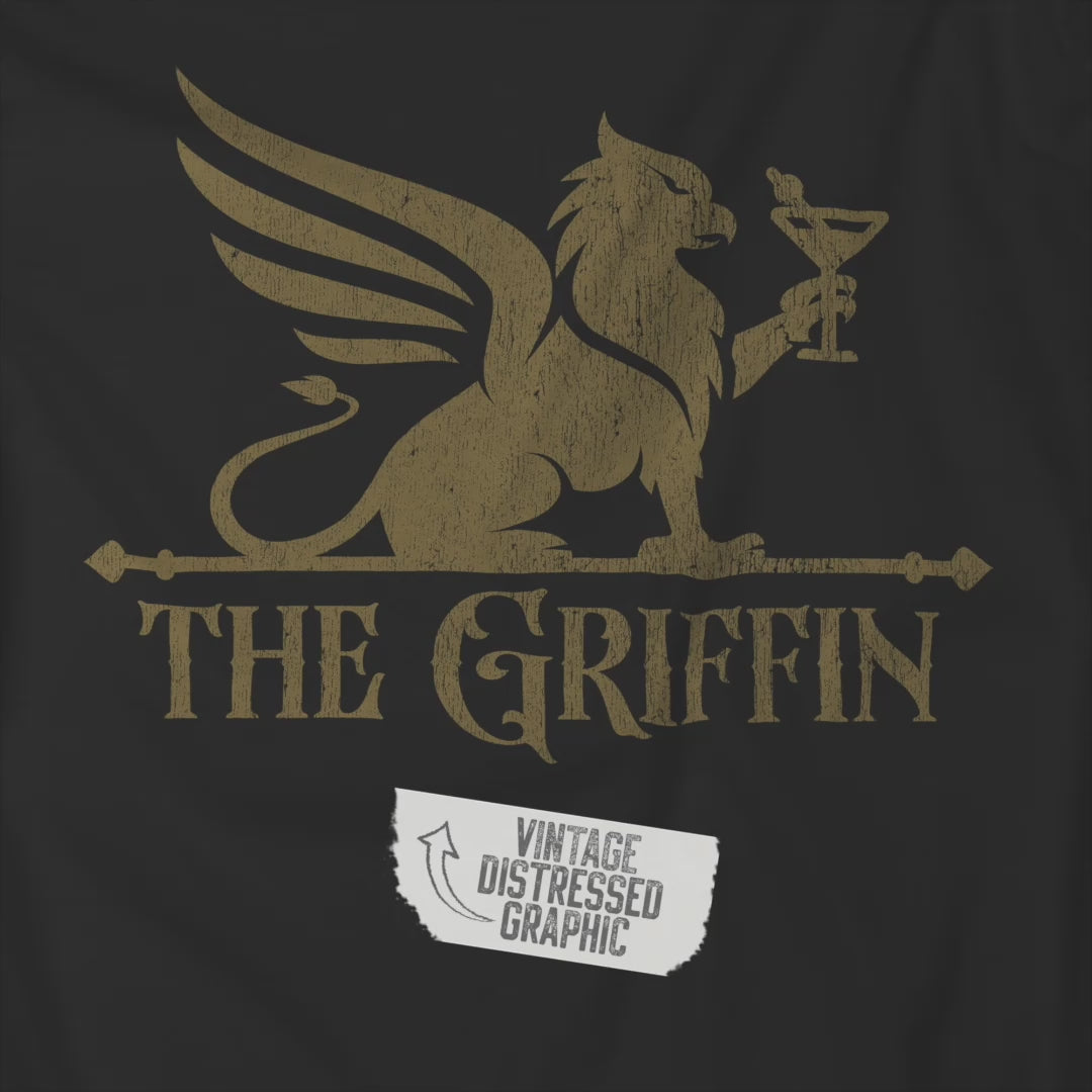 Video of vintage distressed The Griffin Bar logo graphic inspired by New Girl