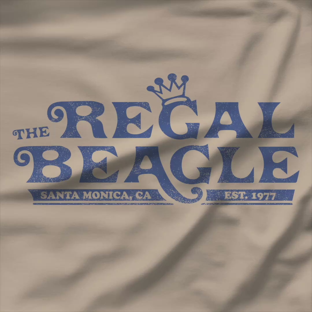 Video of crewneck sweatshirt with vintage distressed blue Regal Beagle Three's Company logo