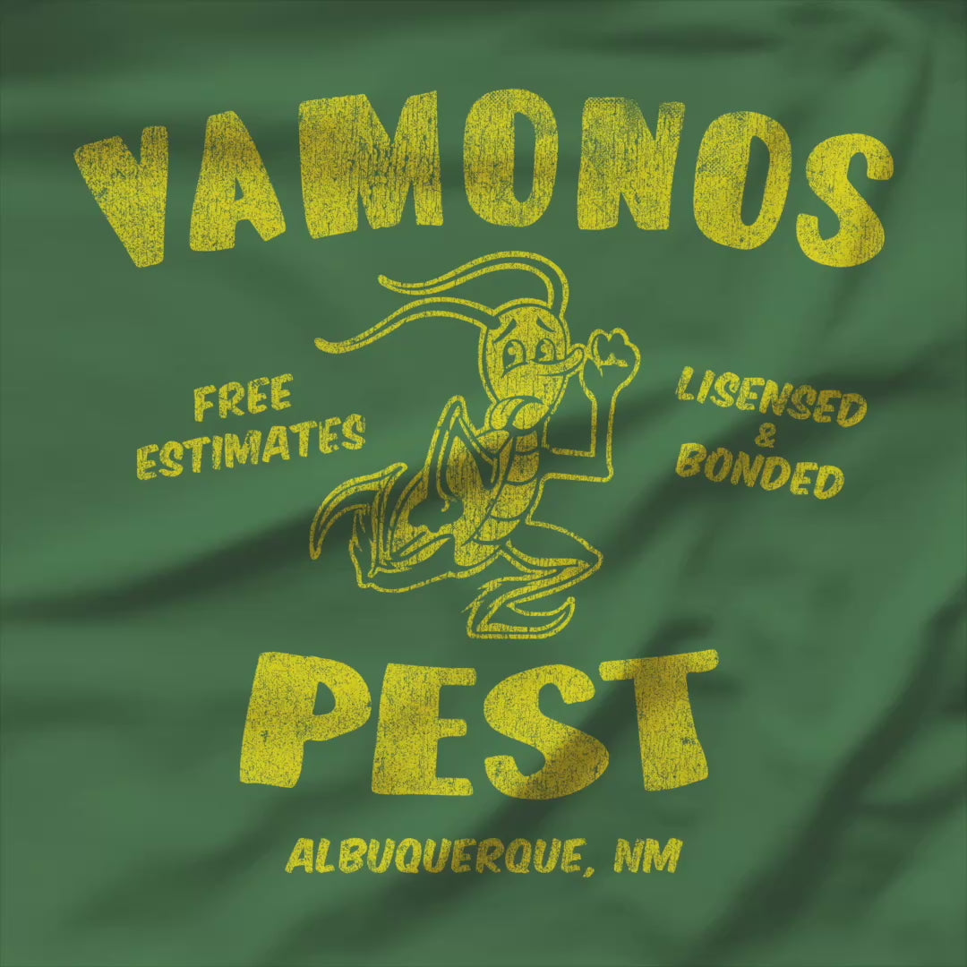 Video of green and yellow t-shirt featuring the Vamonos Pest logo from the TV show Breaking Bad in a vintage distressed style.