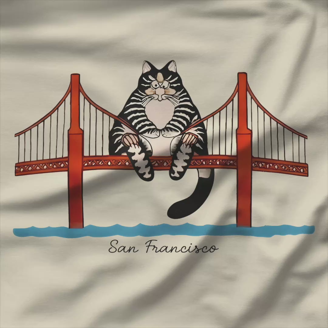 Video of tee with illustrated tabby cat sitting on the Golden Gate Bridge, San Francisco, Project Hail Mary