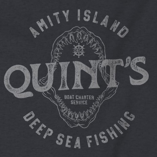 Video closeup vintage Quint’s Deep Sea Fishing logo from Jaws, printed on heather navy fabric.