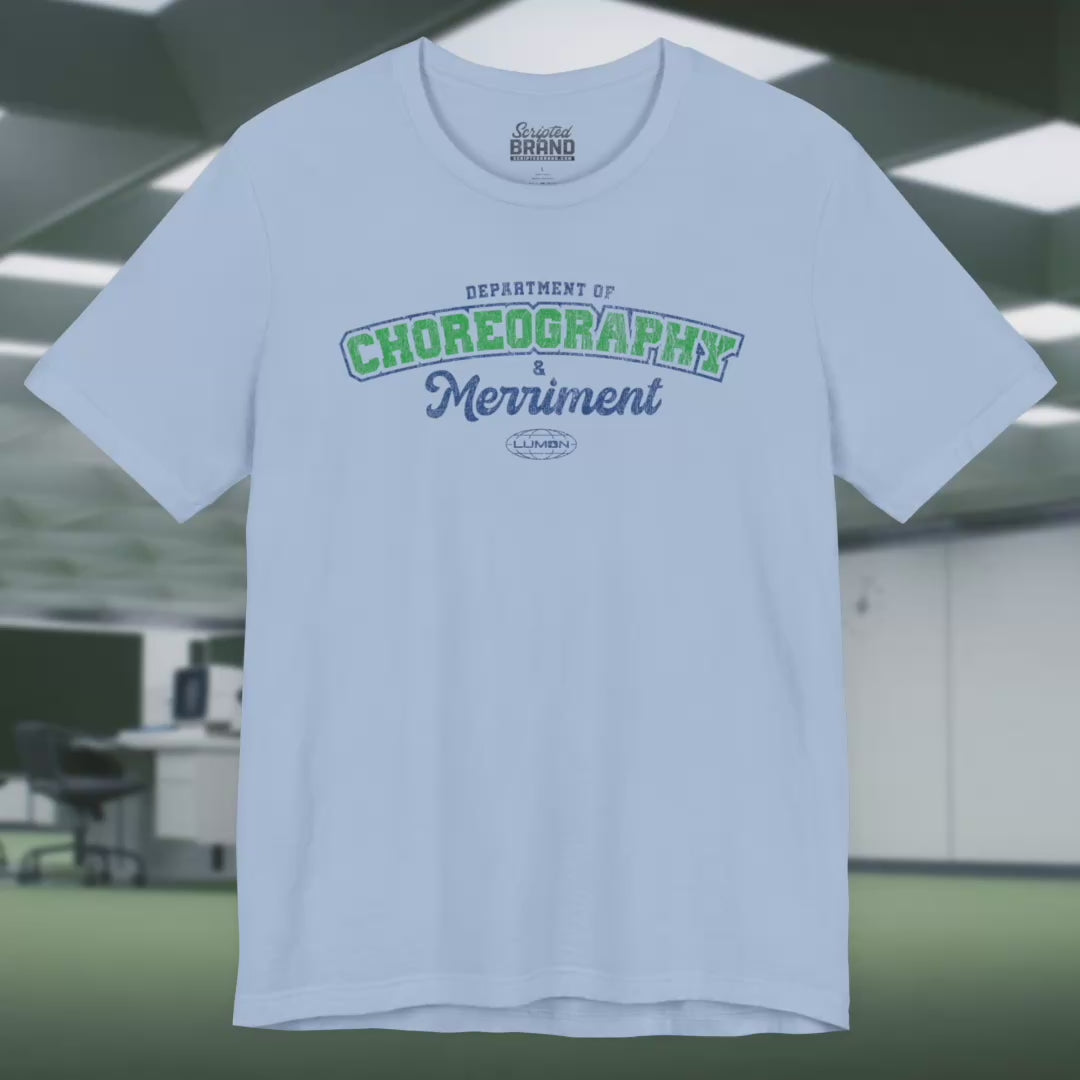 Video of Soft Bella+Canvas 3001 short-sleeve t-shirts featuring the Department of Choreography and Merriment logo graphic inspired by the TV show Severance and Lumon Industries in a vintage distressed style, sold by ScriptedBrand.