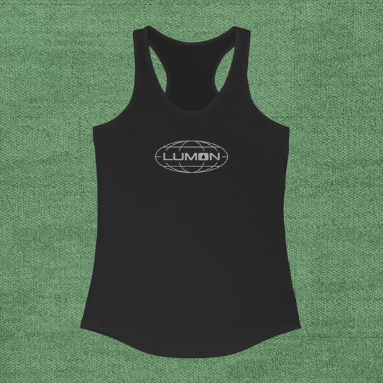 Video of Women's Racerback Tank Top Shirts featuring the Lumon Industries logo from the Apple TV show Severance in a vintage distressed style, sold by ScriptedBrand.