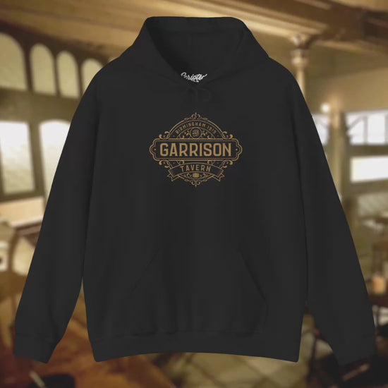 3 Video of Soft Unisex Hoodie Heavy Blend Hooded Sweatshirts featuring the Garrison Tavern Bar Logo Graphic inspired by the TV show and movie Peaky Blinders in a vintage distressed style sold by ScriptedBrand.