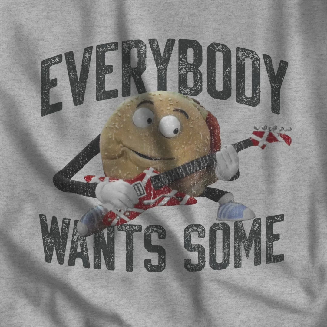 Video of shirt featuring Better Off Dead movie vintage Van Halen guitar Everybody Wants Some graphic with pig burger.