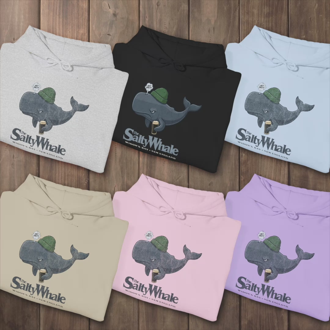 Video of 'The Salty Whale' cartoon mascot hoodies inspired by Widow's Bay Apple TV series, heavy blend pullover sweatshirt