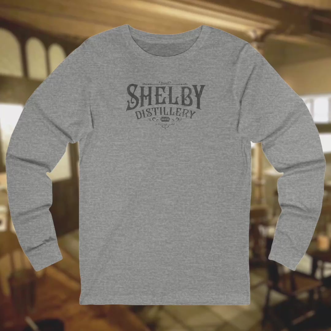 Video of Soft Unisex Bella+Canvas 3501 long-sleeve t-shirts featuring a Shelby Company Limited Distillery Logo Graphic inspired by the TV show Peaky Blinders in a vintage distressed style, sold by ScriptedBrand, sold by ScriptedBrand.
