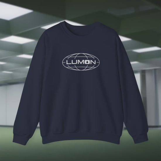 Video of a Gildan 18000 crew neck sweatshirt available in 4 colors  featuring the Lumon Industries logo from the Apple TV show Severance in a vintage distressed style.