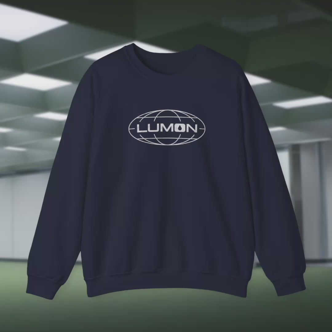 Video of a Gildan 18000 crew neck sweatshirt available in 4 colors  featuring the Lumon Industries logo from the Apple TV show Severance in a vintage distressed style.