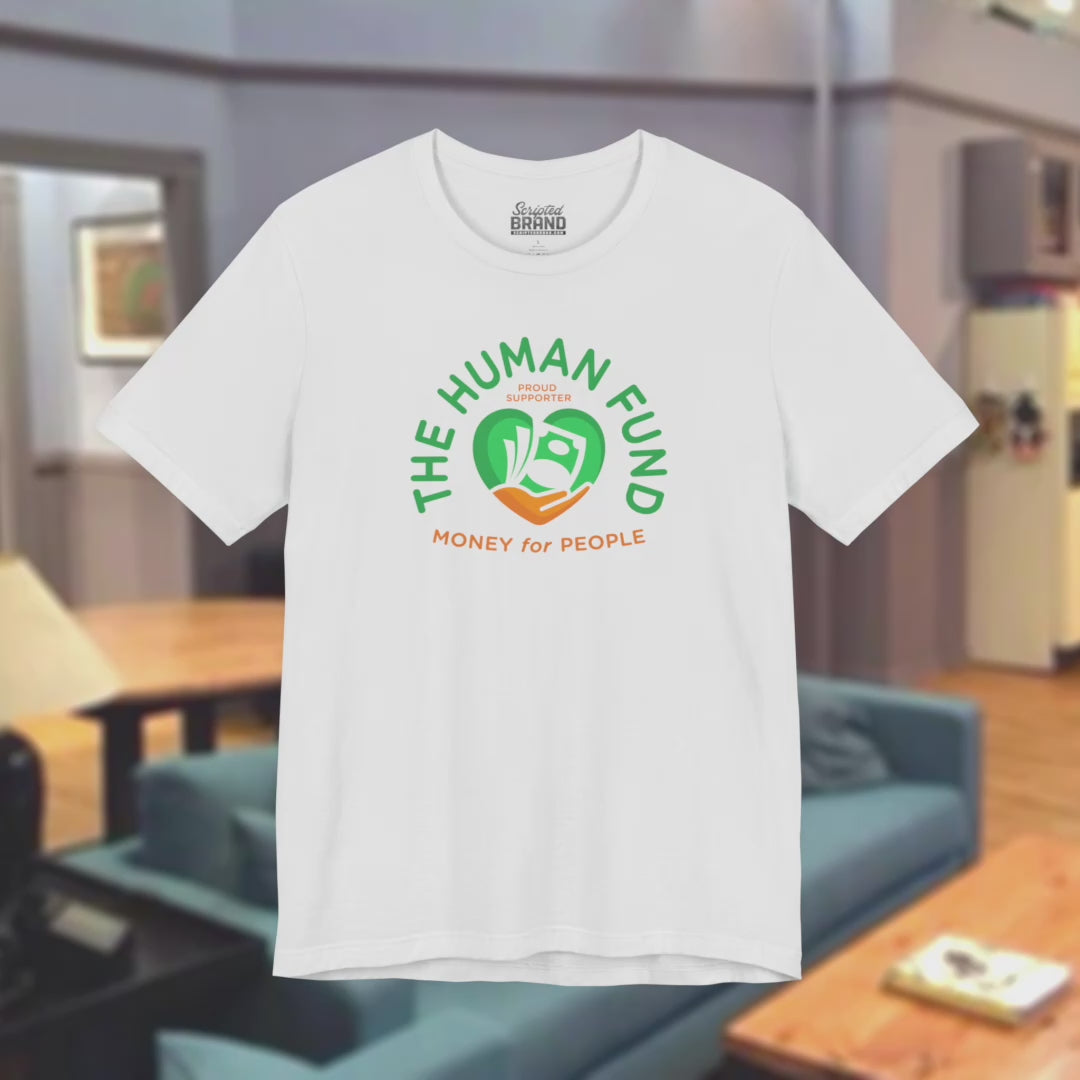Video of Bella+Canvas 3001 T-shirt with The Human Fund “Money for People” graphic inspired by George Costanza from Seinfeld.