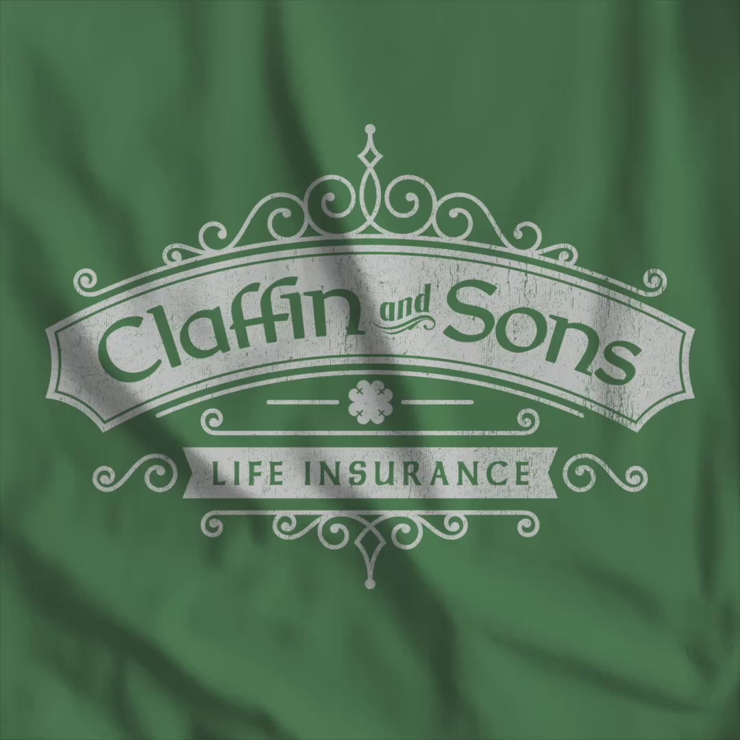 Video of Green tee with vintage distressed Claffin and Sons Life Insurance, Bad Sisters TV show graphic