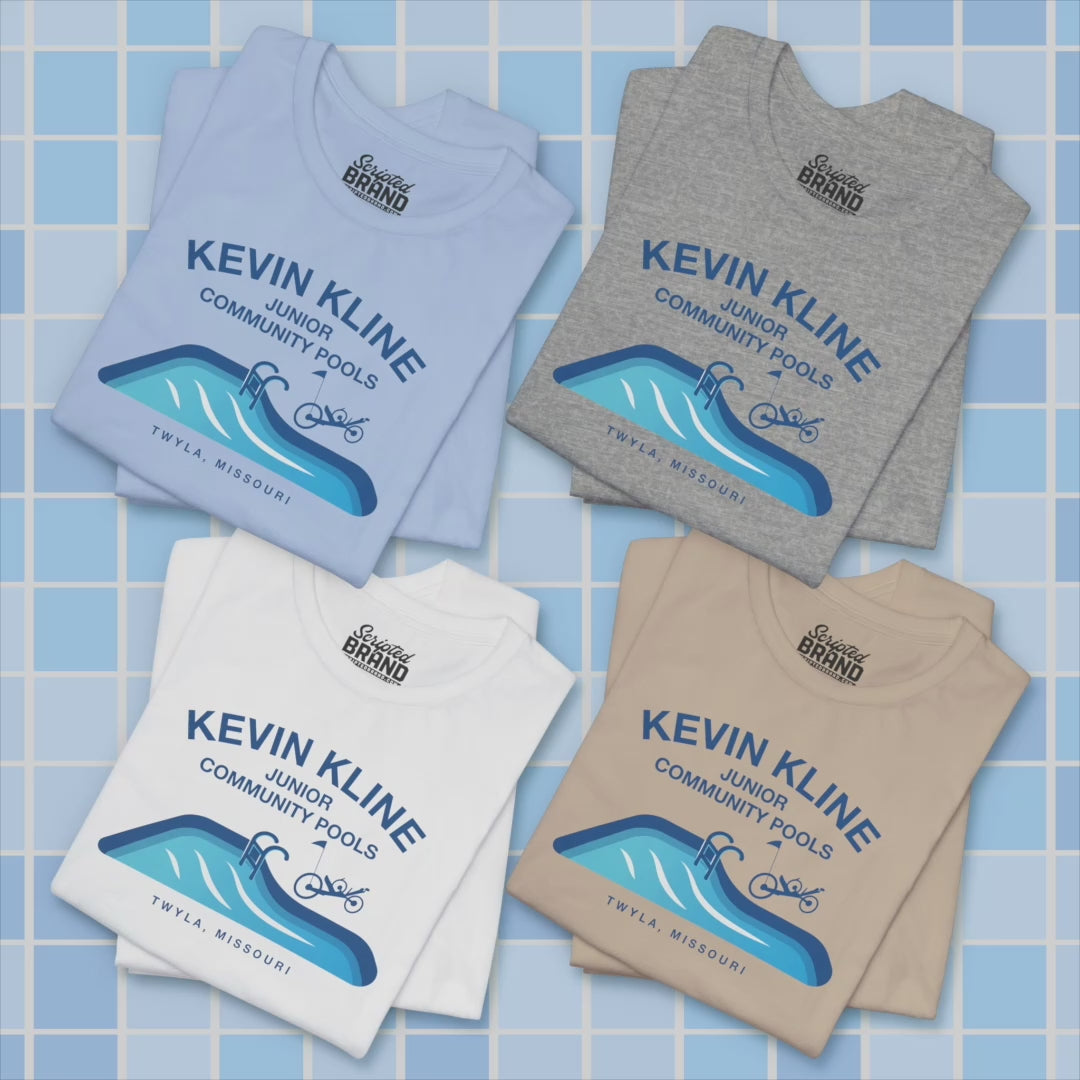 Video of DTF St. Louis Kevin Kline Junior Community Pools graphic tee with pool and recumbent trike, Bella+Canvas 3001.