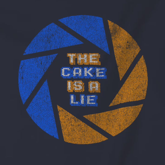 Video of soft Bella+Canvas 3001 short-sleeve t-shirts featuring the phrase The Cake Is a Lie, along with the Aperture Laboratories shutter logo from the video game Portal and Portal 2 in a vintage distressed style, sold by ScriptedBrand.