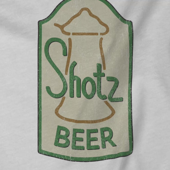 Video of t-shirts with vintage Shotz Beer Brewery logo graphic, inspired by TV show Laverne & Shirley.