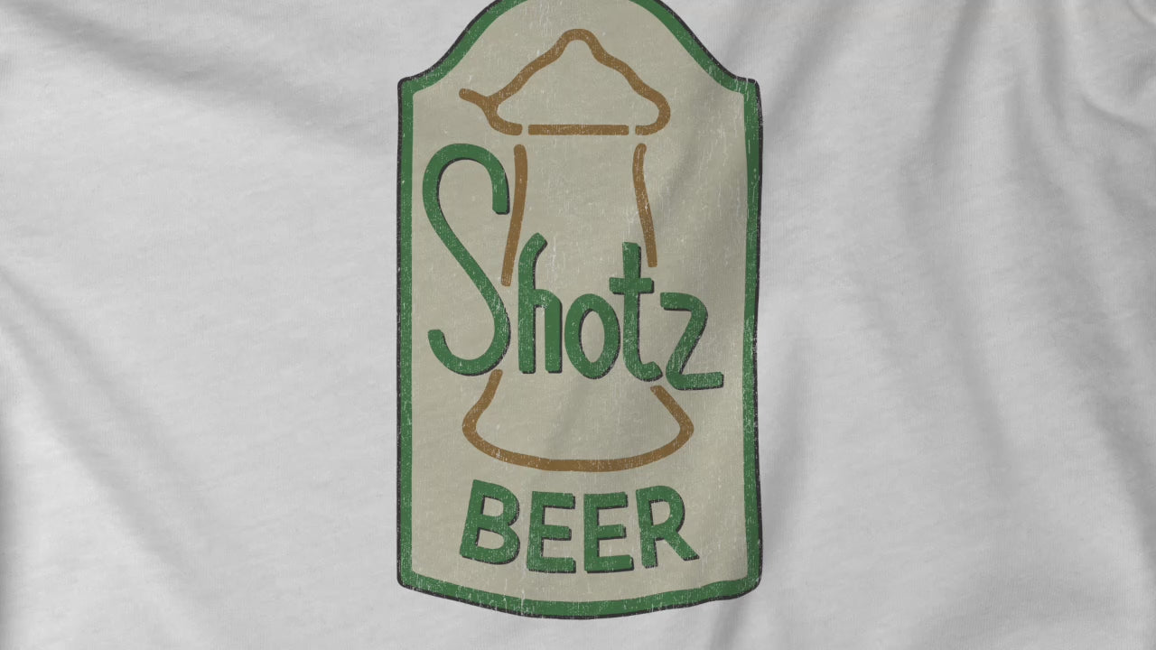 Video of t-shirts with vintage Shotz Beer Brewery logo graphic, inspired by TV show Laverne & Shirley.
