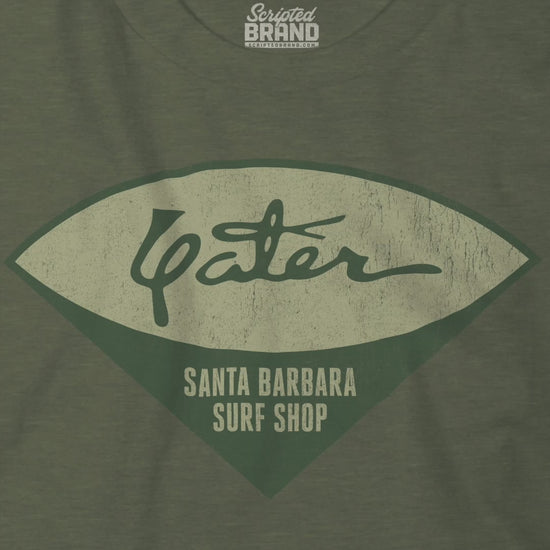 Video of Yater Surf Shop vintage distressed tee in heather military green, Bella+Canvas, worn by Robert Duvall in Apocalypse Now.