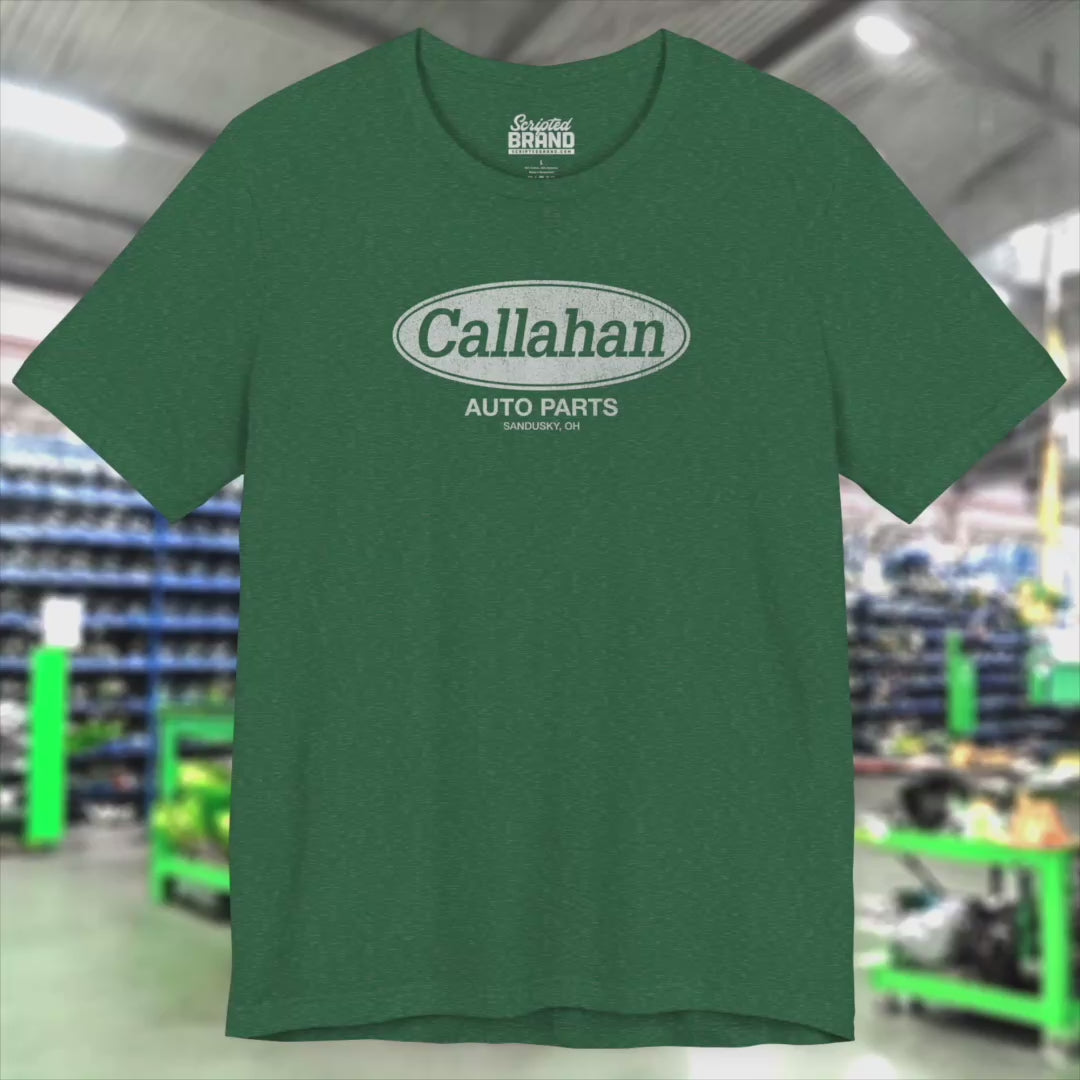 Video of a soft short-sleeve t-shirt with the Callahan Auto Parts logo from the movie Tommy Boy in a vintage distressed style.
