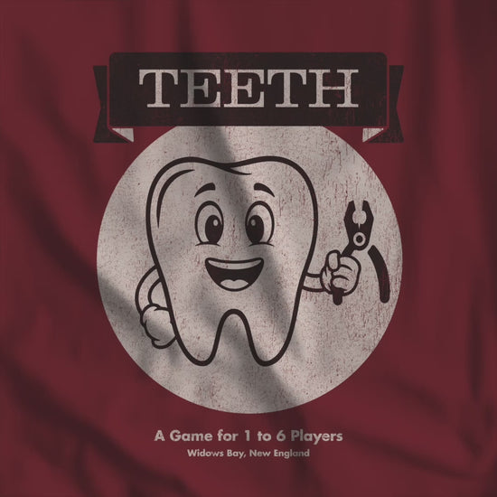 Video of Bella+Canvas tee with the vintage TEETH board game box cover from Widow's Bay, a smiling tooth holding pliers
