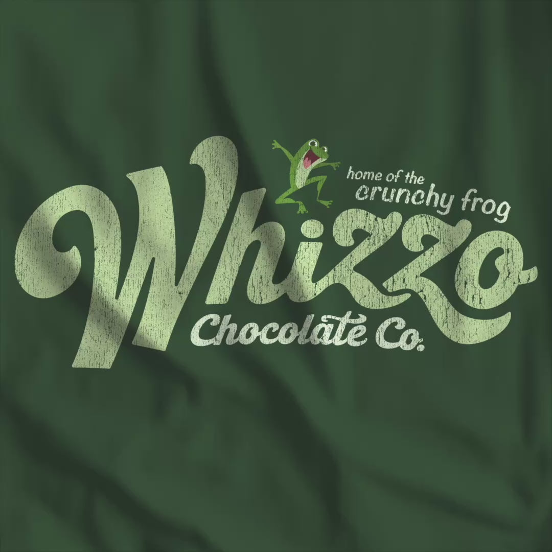 Video of Forest green t-shirt with Whizzo Chocolate Co logo inspired by Monty Python, featuring “home of the crunchy frog” distressed graphic