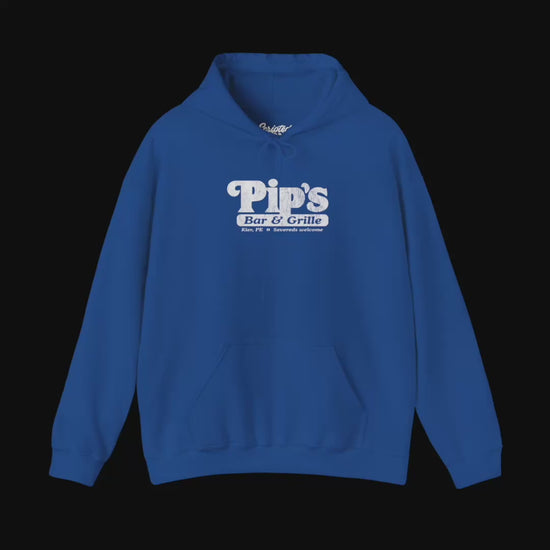 Video of Soft Unisex Hoodie Heavy Blend Hooded Sweatshirts featuring the Pips Bar & Grill logo, with the added text "Severeds Welcome" inspired by the TV show Severance in a vintage distressed style, sold by ScriptedBrand.