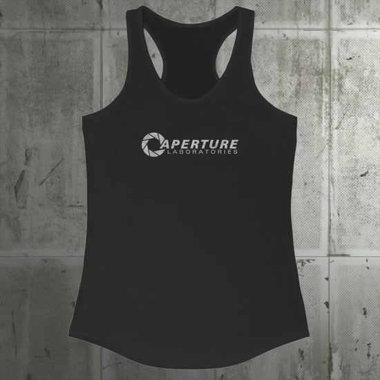 Video of Women's Racerback Tank Top Shirts featuring the Aperture Laboratories logo from the video games Portal and Portal 2 in a vintage distressed style, sold by ScriptedBrand. 