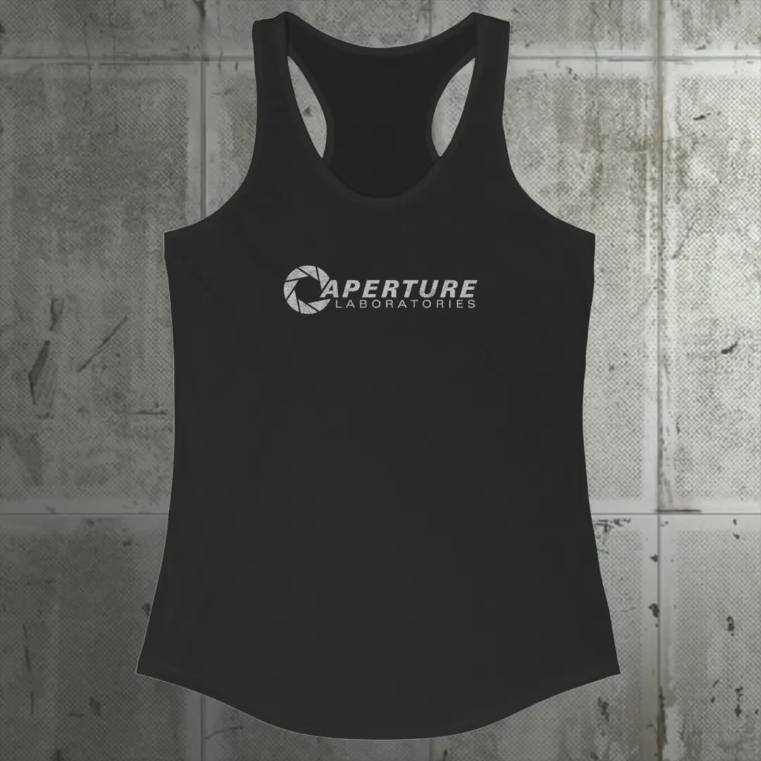 Video of Women's Racerback Tank Top Shirts featuring the Aperture Laboratories logo from the video games Portal and Portal 2 in a vintage distressed style, sold by ScriptedBrand. 