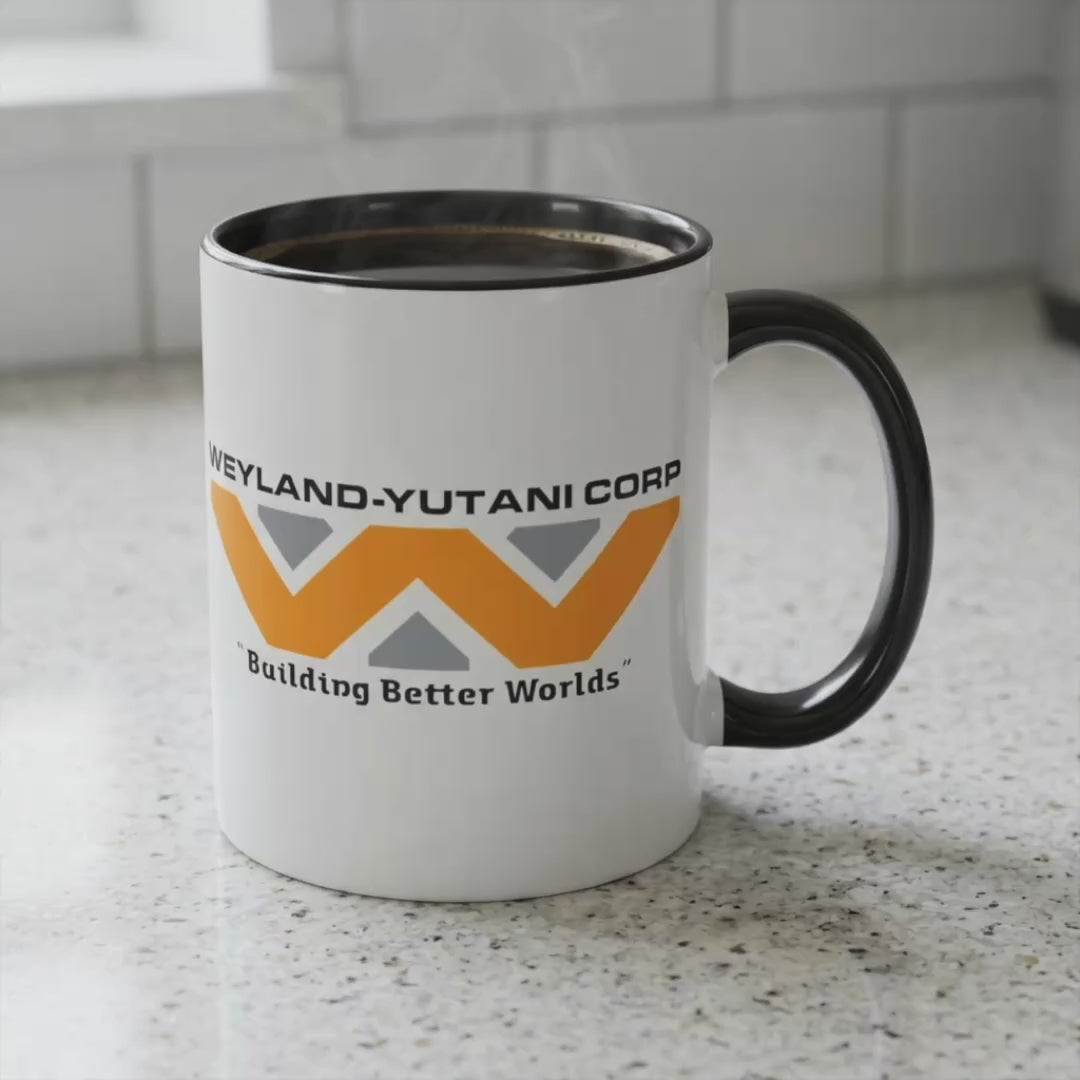 Video of Weyland-Yutani Corp ceramic accent mug inspired by Alien movie, Building Better Worlds logo on white mug with black handle