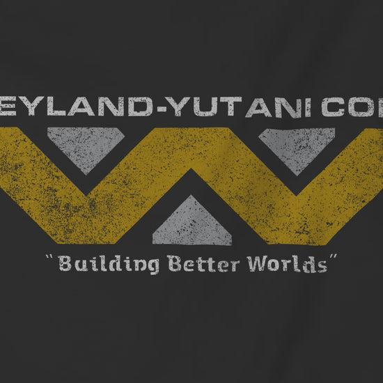 Video of soft unisex Bella-Canvas 3501 long-sleeve t-shirts featuring the fictional Weyland-Yutani logo from the movie Alien and Aliens franchise in a vintage distressed style, sold by ScriptedBrand.