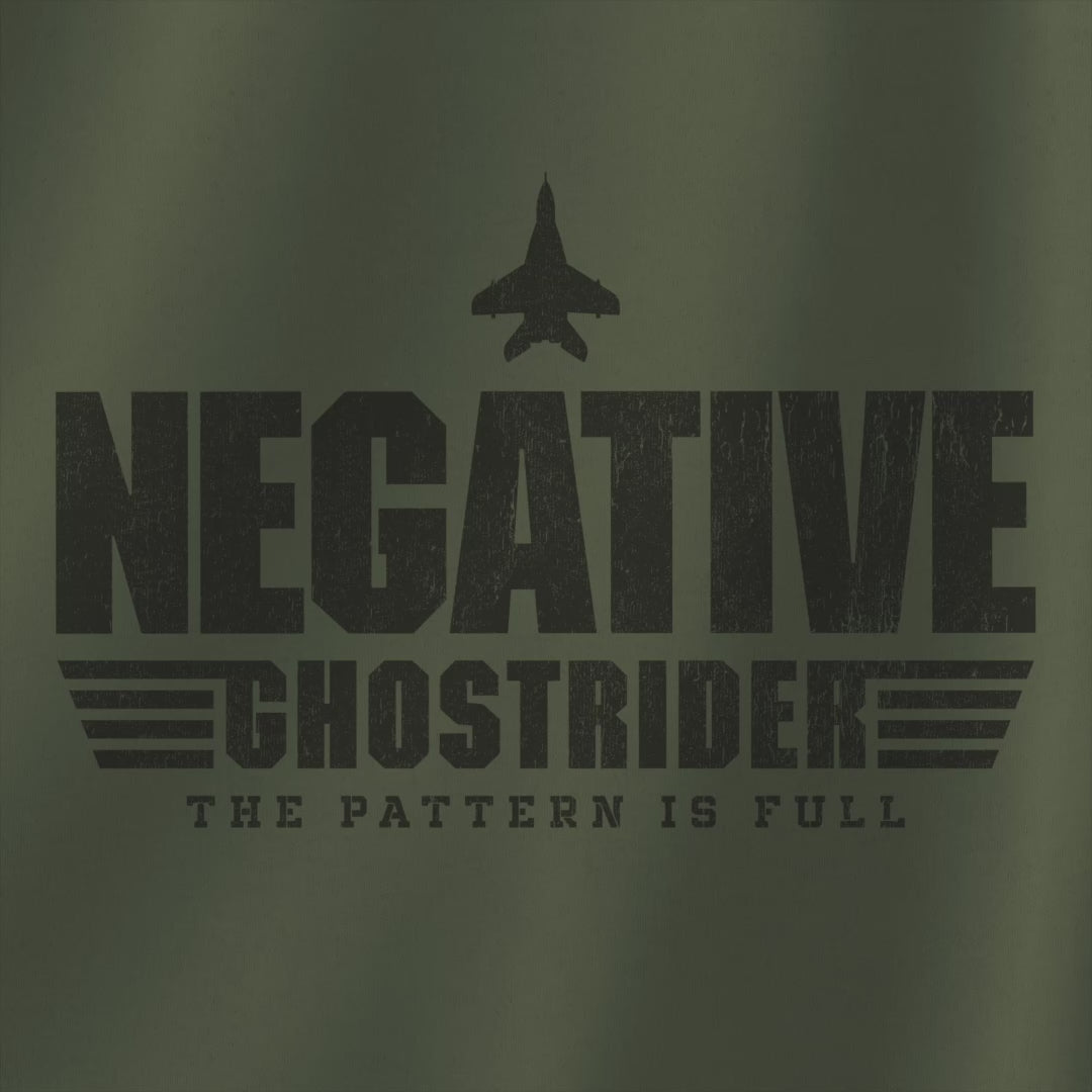 Video of sweatshirt with distressed “Negative Ghostrider, The Pattern Is Full” design inspired by Top Gun.