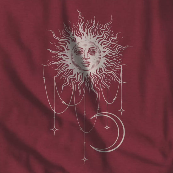 Video of crewneck sweatshirt with boho celestial sun face, stars, and crescent moon design worn by Patricia in Widow's Bay
