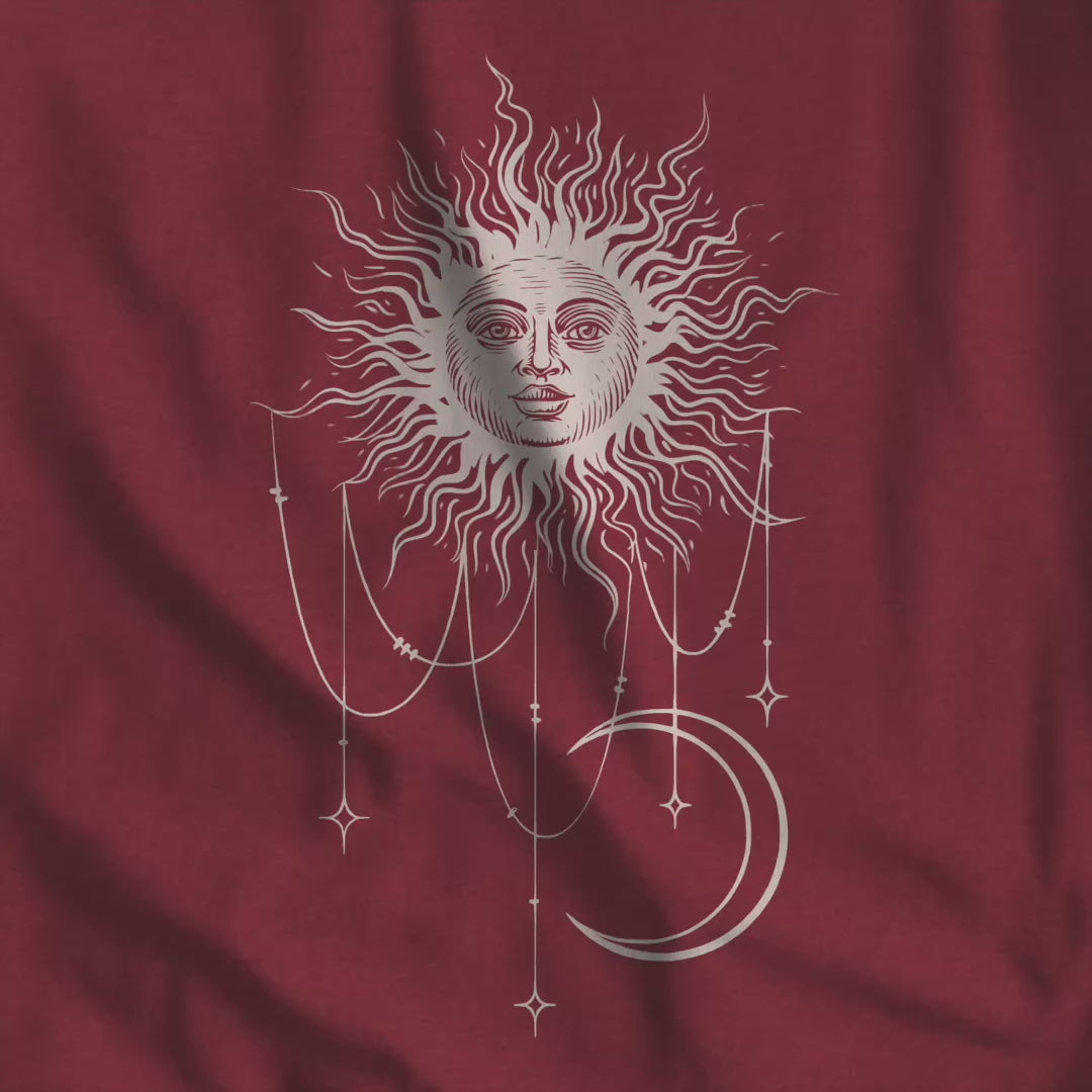 Video of crewneck sweatshirt with boho celestial sun face, stars, and crescent moon design worn by Patricia in Widow's Bay